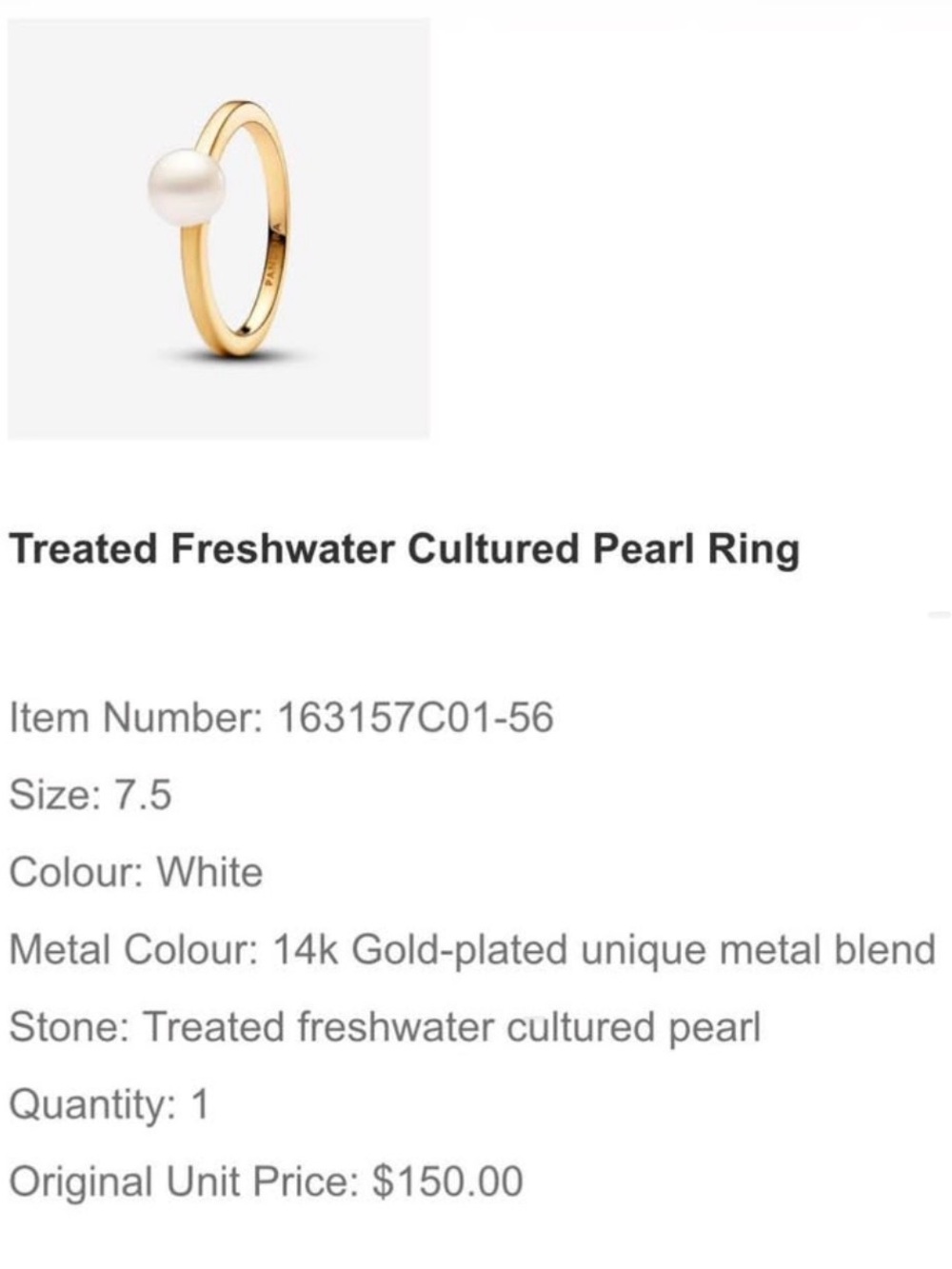 New Pandora Gold Ring with White Pearl - Picture 2 of 2